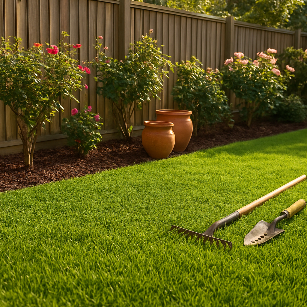 Well-kept garden bed with pruned roses, green lawn, and garden pots in an Australian backyard