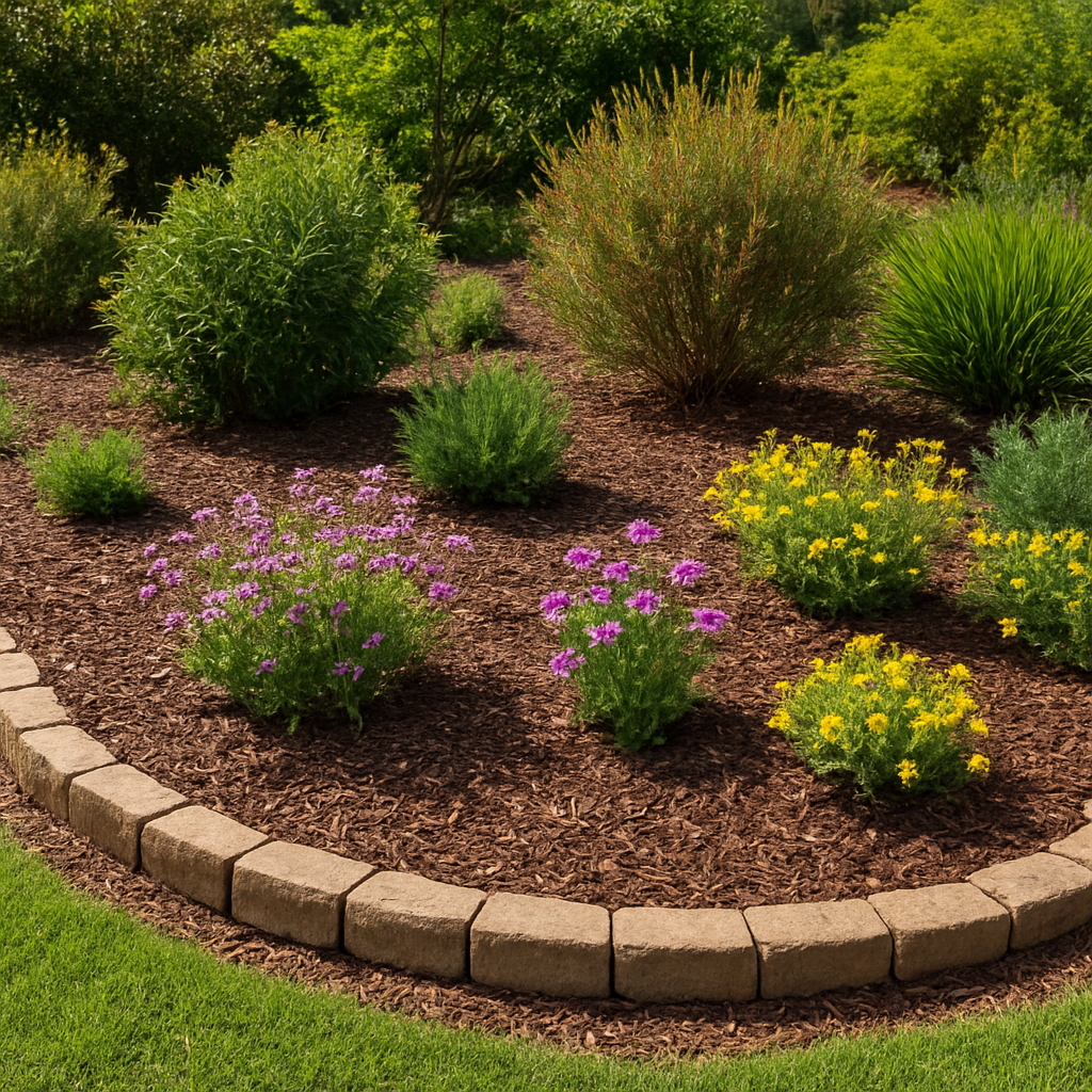 Well-maintained garden with mulched beds, healthy native plants, and tidy stone borders