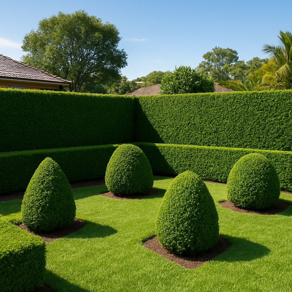 Neatly trimmed flat-top green hedges in a residential garden