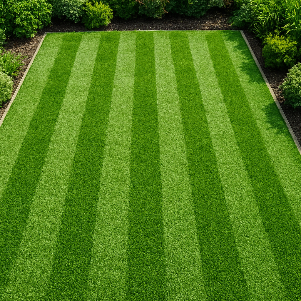 Perfectly striped, freshly mowed green lawn in a suburban Australian garden